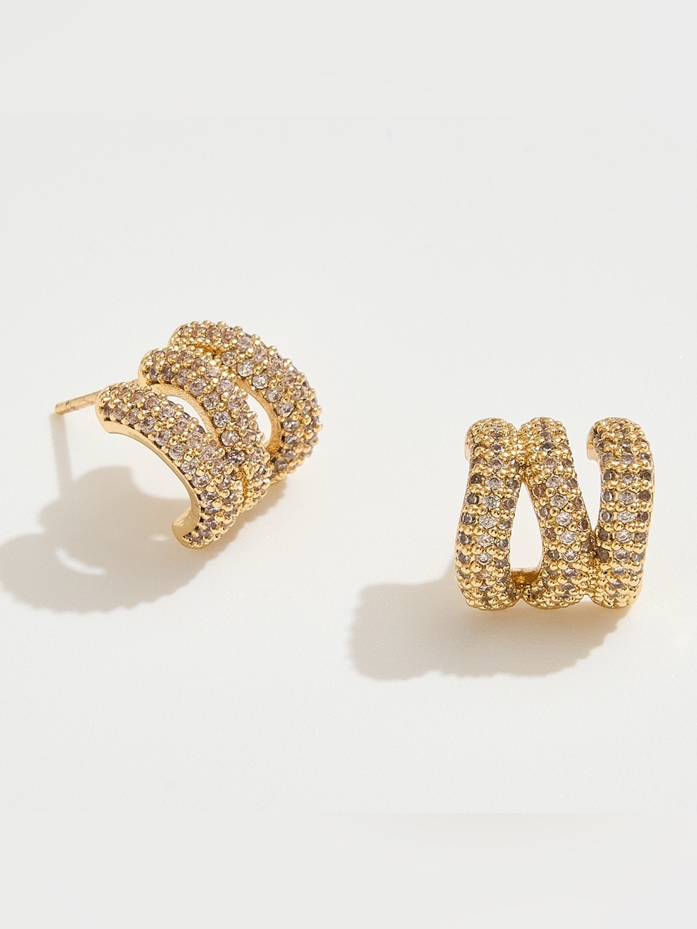 14K Gold Dipped CZ Stone Paved Triple Row Half Hoop Small Earrings
